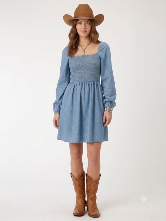 Wrangler Dresses & Skirts - Wrangler Retro Denim Smocked Mini Dress Long Sleeve Blue Size Small
